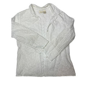 Vintage Falls Creek White Floral CutOut Botton Up Long Sleeve Women’s Size Large